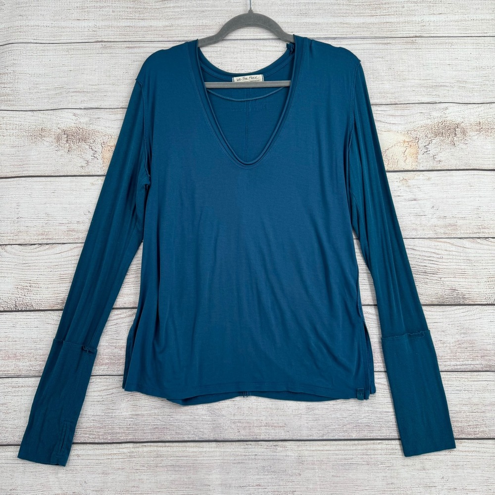 We The Free Long Sleeve Top Women Large Blue V-Neck Raw Edge OB1509676